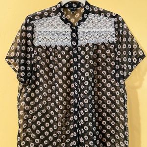 Sister Jane Sheer Black and Floral Short Sleeve Button-Up with Tatting Detail